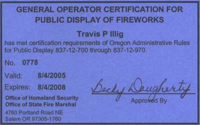 General Operator Certification for Public Display of
Fireworks