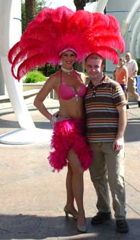 Stu hangs out with a showgirl outside
Bally's