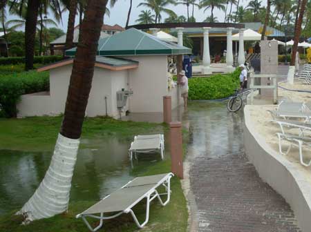 The rain flooded out the paths at the resort in
Aruba.