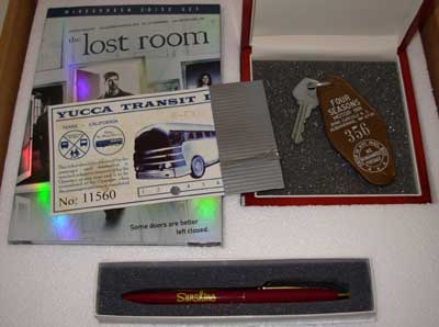 Lost Room gift box: DVD, bus ticket, pen, and
key