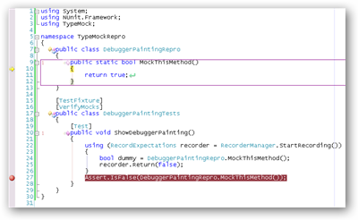 TypeMock outlines mocked methods in the
debugger.