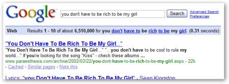 Google results for "you don't have to be rich to be my
girl"