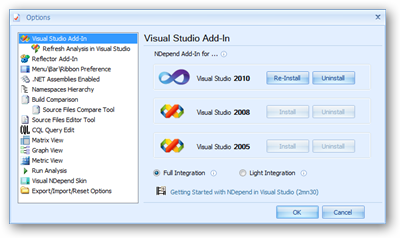 NDepend options screen for installing the Visual Studio
plugin.