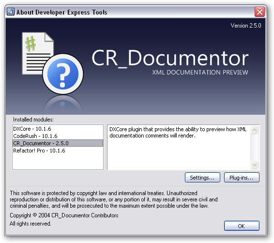 DXCore "About" box showing the CR_Documentor
information