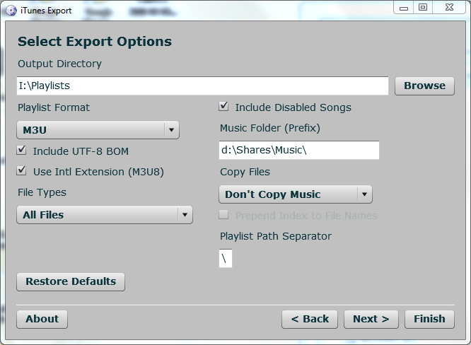 Select export options in iTunes
  Export