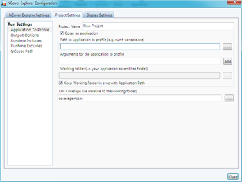 NCover Explorer "New Project" settings
dialog