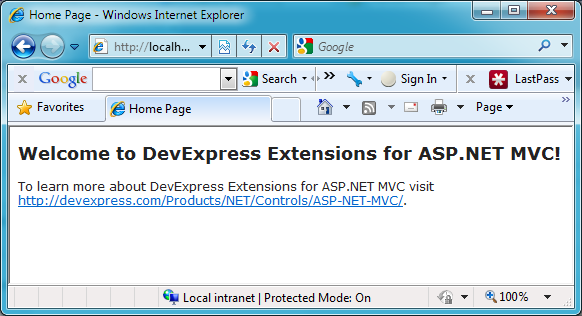 Initial view of DevExpress MVC3
project.