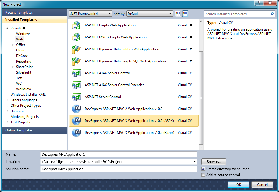 New Project dialog with DevExpress project templates. Click to
enlarge.