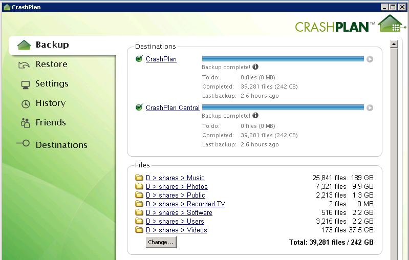 CrashPlan Backup tab showing files to back
up.