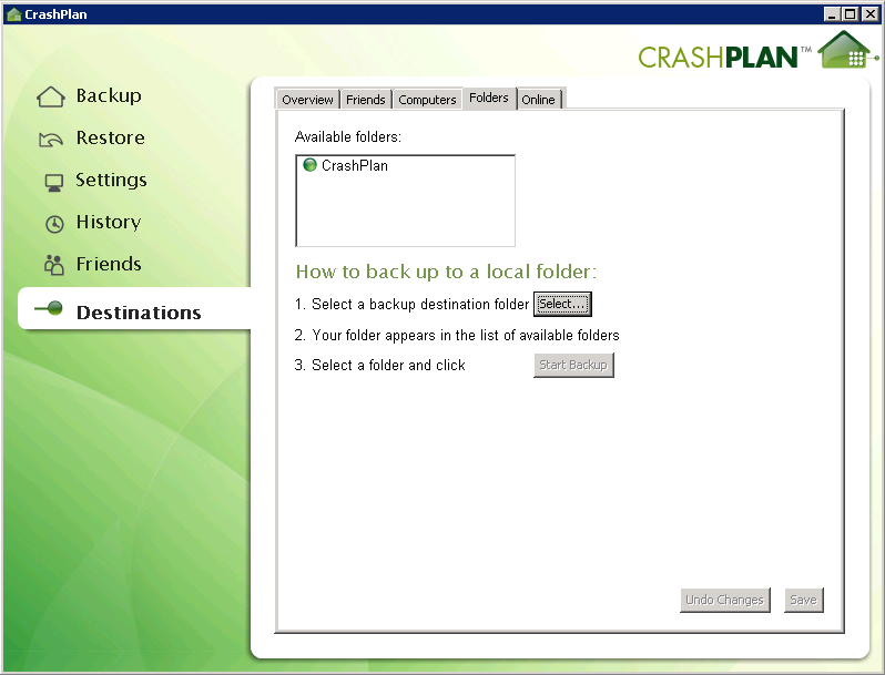 CrashPlan Destinations showing my local folder as a
destination.