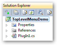 The TopLevelMenuDemo plugin in Solution
Explorer