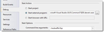 Set Visual Studio to run an Experimental instance for debugging.