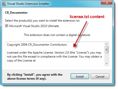 License content shows up in the installer