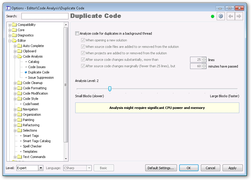 Duplicate Code settings at analysis level
2