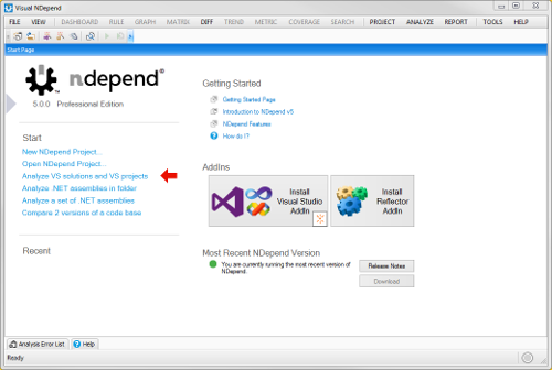 NDepend 5 startup
screen