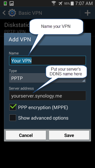 Name your VPN and put the DDNS name as the server address