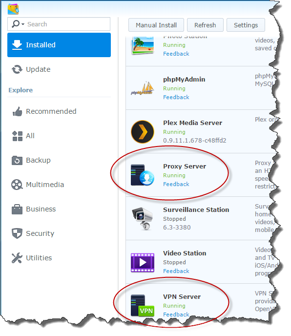 Proxy Server and VPN Server packages installed