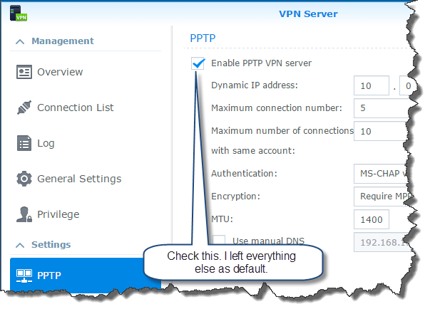 Check the PPTP enabled box