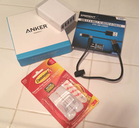 Charger, cables, and adhesive