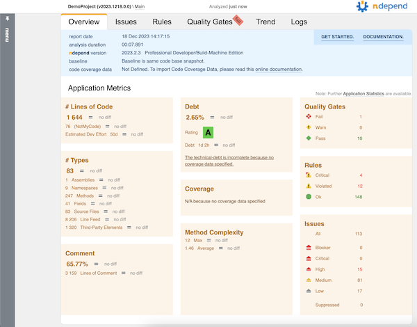 NDepend report main page